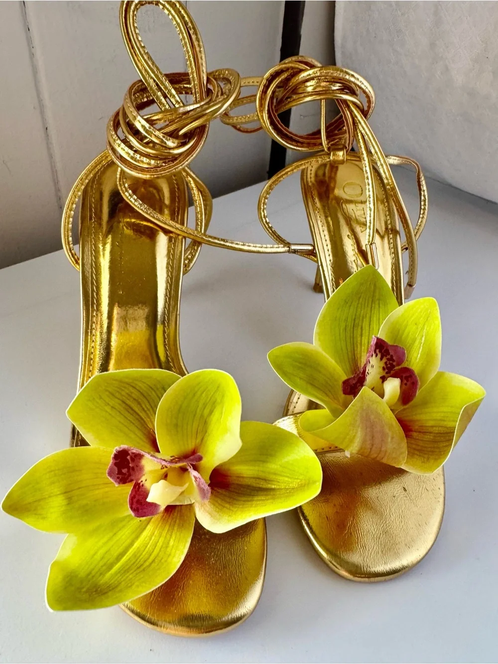 Miss Lola Gold with Green Floral Embellished High Heel Sandals